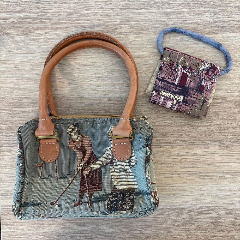 Vintage Golf Scene Tapestry Handbag Purse Mini Bag Woven Leather Handles Y2K
